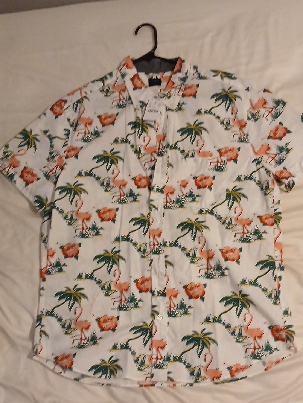 J. Crew White Short-Sleeve Button-Up with Coral Flamingo & Green Palm Print